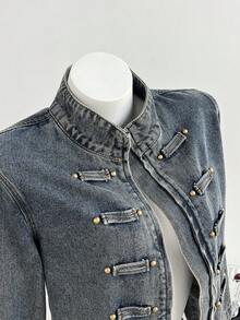 Elamini Festival Standard Size Women's Blue Non-Stretch Long Sleeve Denim Jacket - Medium Wash - View 6