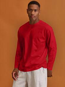 Musero Men Oversized Crewneck Long Sleeve Basic Plain T-Shirt Capsule Wardrobe Layering Spring&Summer - Red - View 5
