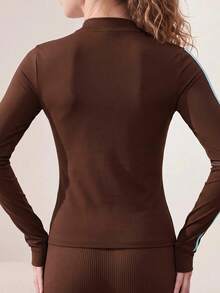 Easithlete Contrast Color Striped Slim Fit Sports Jacket - Coffee Brown - View 5