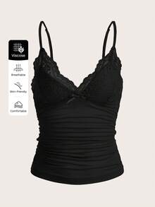 SHEIN ICON 女款夏季優雅素色蕾絲拼接細肩帶背心 - 黑色 - 查看 3