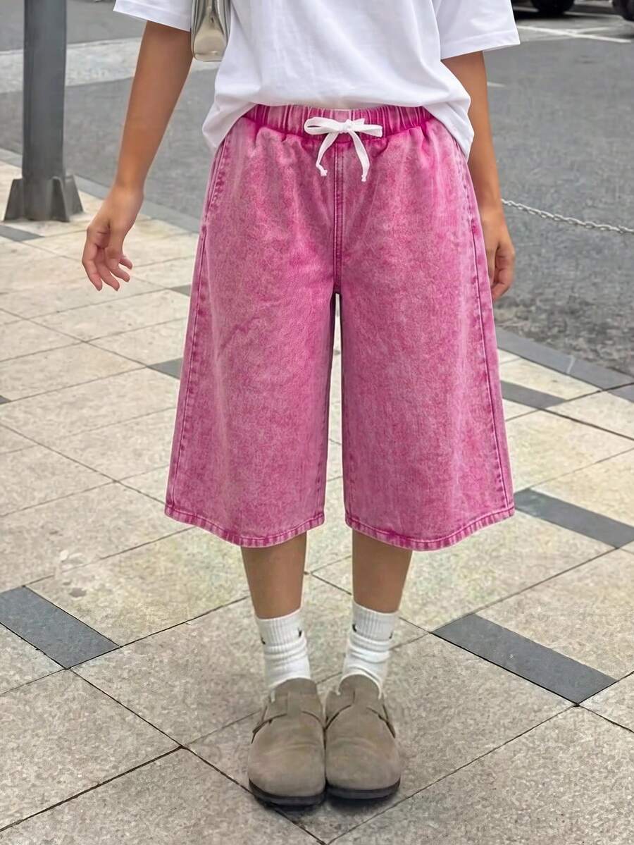 SHEIN 青少年女孩 Y2K 街頭風淺色水洗寬鬆彈性牛仔寬腿牛仔褲,秋季舞會短褲,灰粉色 - 玫紅色 - 查看 1