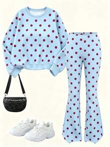 Tween Girls Casual Minimalist Polka Dot Print Crew Neck Sweatshirt & Flare Pants Set, Red Polka Dot Contrast Digital Print Pattern, Autumn/Winter Design, Versatile, Casual Comfortable Soft Crew Neck Sweatshirt & Flare Pants 2-Piece Set, Suitable For Autumn/Winter - Multicolor - View 3