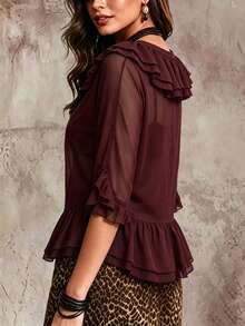 SHEIN Fiorisel Solid Ruffle Trim V-Neck Tie Front Sheer Chiffon Blouse With Flare Sleeves - Burgundy - View 2