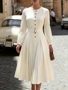 Balvessa Solid Color Metal Button Waist Wrap Elegant Women's Long Dress - Beige - View 1