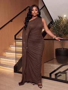 Slaydiva Autumn/Winter New Elegant & Glamorous Solid Brown Ruched Fitted Shawl-Style Ribbon Sheer Mesh Lined Dress For Women Plus Size - A, Suitable For Party, Date, Cocktail, Girls' Gathering, Wedding Season, Graduation Season, Birthday Party, Holiday Occasions - Brown - View 2