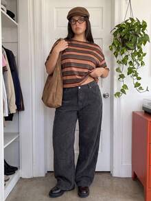 Comfortcana Yellow Solid Color Drop Shoulder Short Casual Plus Size T-Shirt - Brown - View 6
