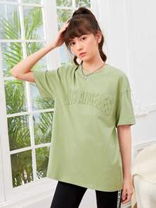 SHEIN Teen Girls Letter Pattern Drop Shoulder Tee - Mint Green - View 3