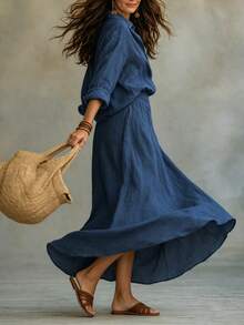 SHEIN Holidaya 女款春夏/秋冬鬆弛感紋理襯衫與A字口袋裙兩件套，同色紋理面料營造隨性舒適氛圍，適合夏秋休閒穿搭，適用日常通勤、休閒外出、居家穿著等，海軍藍女套裝 - 藏蓝色 - 查看 5