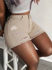 Slaydiva Plus Size Women Pockets Distressed Raw Hem Casual Denim Shorts - Khaki - View 1