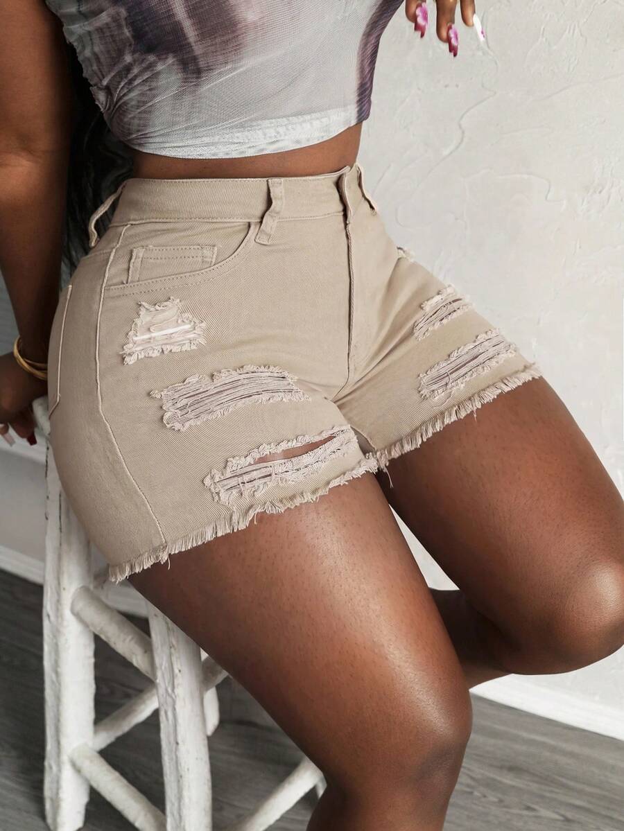 Slaydiva Plus Size Women Pockets Distressed Raw Hem Casual Denim Shorts - Khaki - View 1