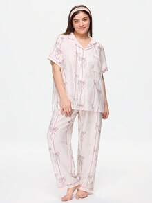 Bonmuse Bow Print Short Sleeve & Long Pants Pajama Set, Plus Size - Apricot - View 3