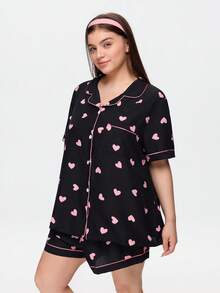 Bonmuse Heart Print Plus Size Women Bubble Crinkle Short Sleeve Shorts Pajama Set - Black - View 4