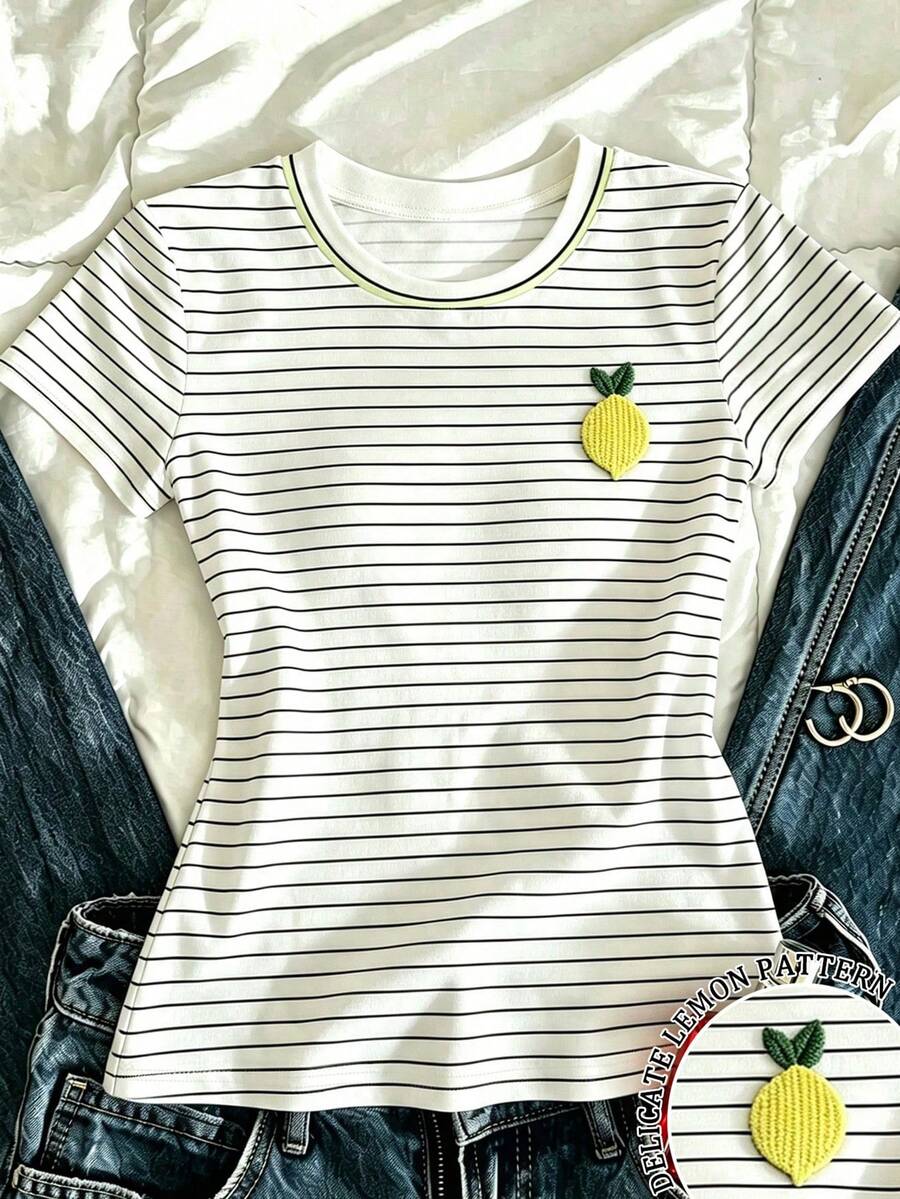 IslaSuriya Women's Casual Vacation Striped Lemon Embroidered Contrast Color Round Neck Short Sleeve T-Shirt - White - View 1