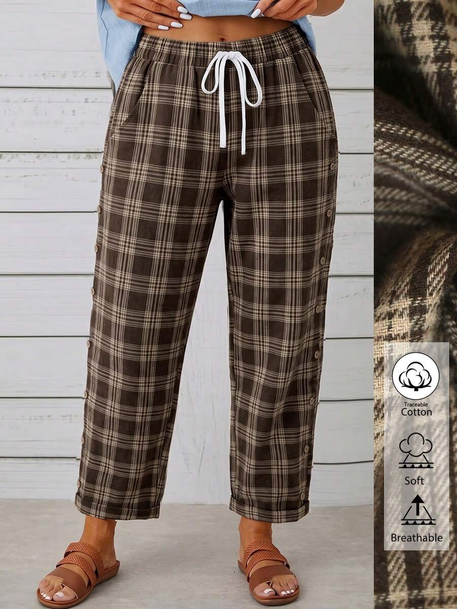 Linhara CURVE Plus Size Women's Autumn Plaid Elastic Waist Minimalist Button Decor Casual Versatile Plaid Long Pants - Multicolor - View 1