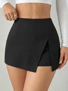 SHEIN SXY Celana Pendek Ukuran Besar Kasual Musim Panas Seksi Serbaguna Warna Polos Belahan Bawah Hitam - Hitam - View 4