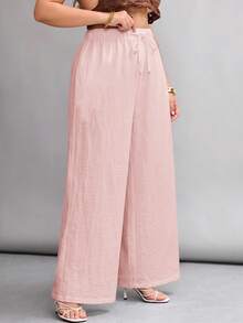SHEIN PETITE CURVE 大尺碼全鬆緊腰休閒長褲 - 粉色 - 查看 5