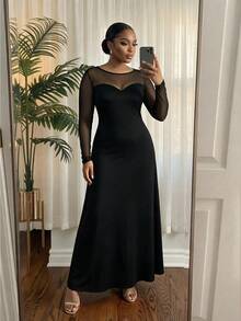 SHEIN Lady CURVE 大尺碼優雅通勤風網紗拼接洋裝 - 黑色 - 查看 5