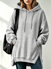 SHEIN Sweatshirt Hoodie Kasual Ukuran Besar dengan Resleting dan Detail Hem, Musim Gugur/Dingin - Light Grey - View 1