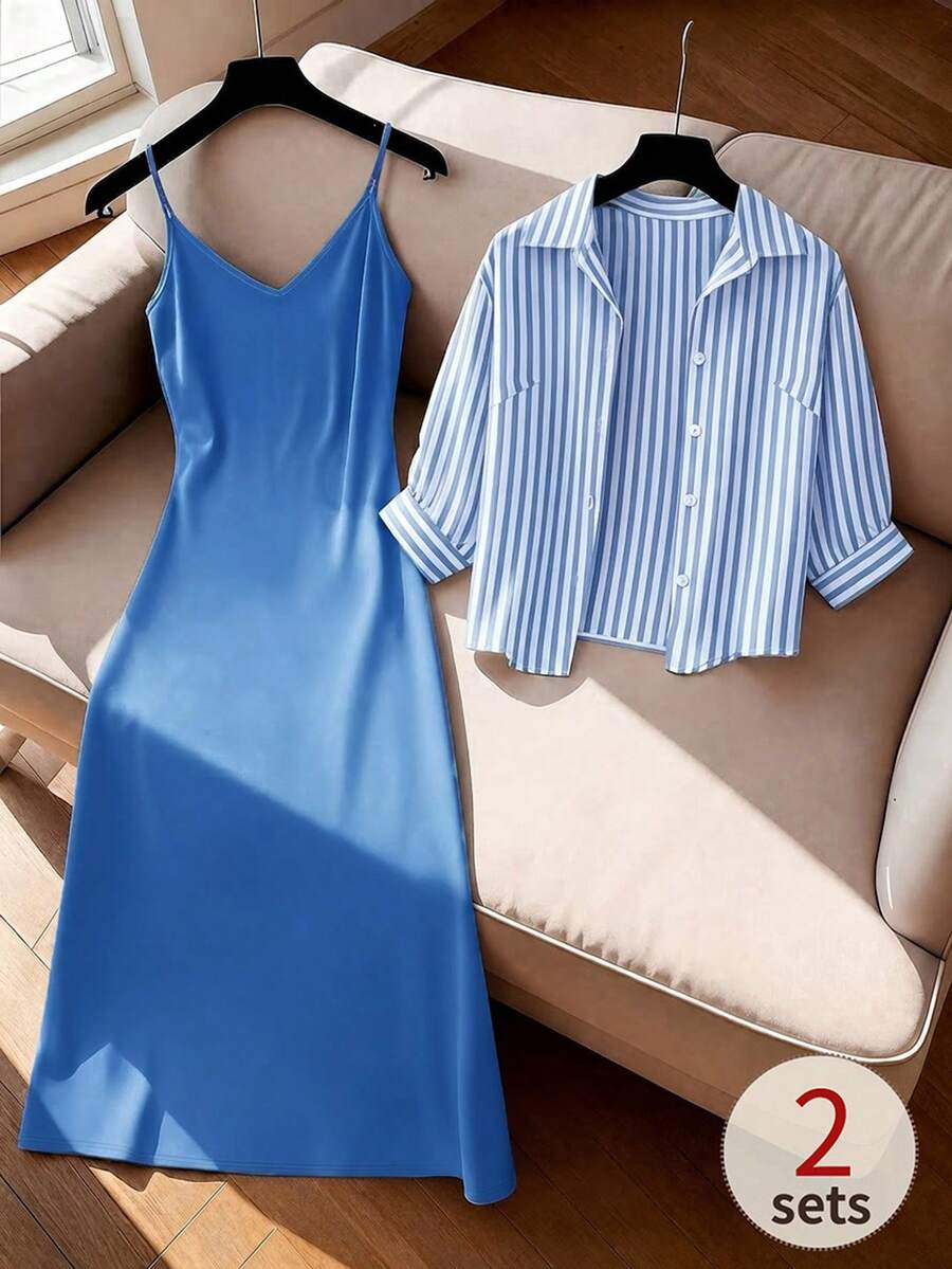 GlowEve CURVE 春夏新款條紋舒適翻領休閒女款襯衫 + V領細肩帶洋裝,百搭層次穿搭中長版收腰洋裝,大尺碼兩件套 - 霧霾藍 - 查看 1