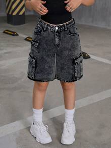 SHEIN 千禧年风少女低腰翻盖口袋宽松牛仔工装短裤，返校季 - 黑色 - 查看 3