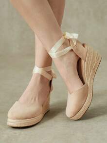 Styleloop Women's Shoes, Brown, Woven Hemp Rope Straw Shoes, Wedge Heel Platform Sandals, Height-Enhancing Holiday Bohemian Wear - Apricot - View 1