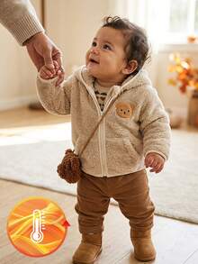 SHEIN Playful Pals 男婴幼儿新生儿0-3岁可爱休闲日常百搭泰迪熊刺绣羊毛连帽夹克 - 米色 - 查看 1