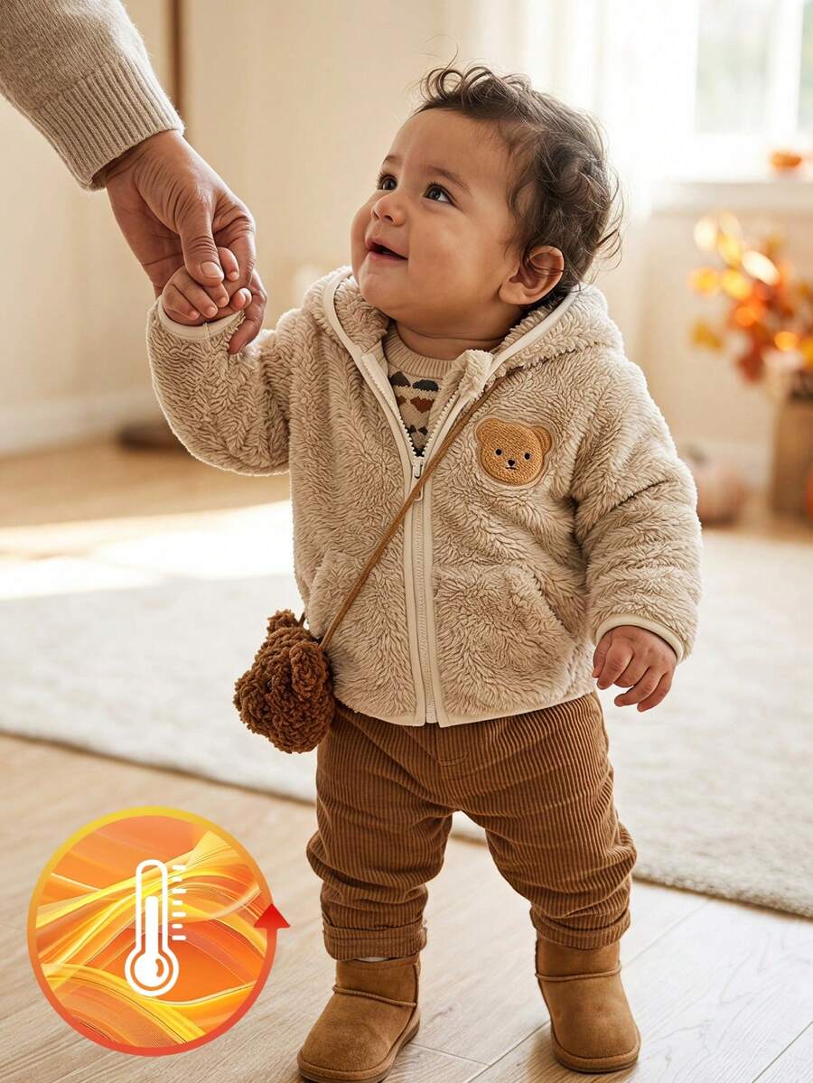 SHEIN Playful Pals 男婴幼儿新生儿0-3岁可爱休闲日常百搭泰迪熊刺绣羊毛连帽夹克 - 米色 - 查看 1