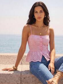 CAJUNI Women's Sweet Vacation Button Embroidered Hollow Out Camisole - Pink - View 8