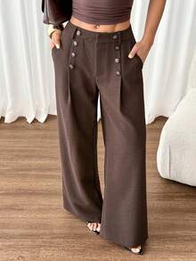 SHEIN PETITE Women's Elegant Button Pocket Pleated Loose Business Suit Pants - Rust Brown - View 1