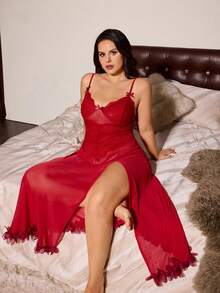 Slumberist Plus Size Women's Sheer Mesh Sexy Red Lace Side Slit Ruffle Trim Nightgown - Red - View 5