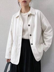 DAZY Women's Lapel Loose Long Sleeve Open Front Denim Jacket, Casual City Style Washed Relaxed Denim Jacket - White - View 8