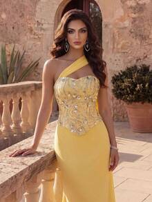 Coutiva Women's Elegant Party Sequin Patchwork Mermaid Tail Evening Dress - Yellow - View 6