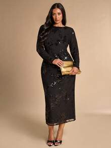 SHEIN BAE CURVE 大尺碼女款黑色網紗亮片長袖洋裝 秋季 - 黑色 - 查看 3