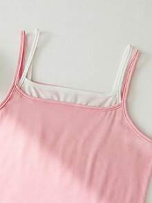 Setelan Olahraga Dasar untuk Anak Perempuan Ukuran Besar: Atasan Tank Top Camisole dengan Trim Kontras Warna Pink, Pakaian Kembali ke Sekolah - Berwarna merah muda - View 3