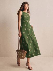 Poéselle 女款度假休閒鄉村風復古花卉刺繡前開鈕扣無袖中長洋裝 深綠色 夏季 - 軍綠色 - 查看 7