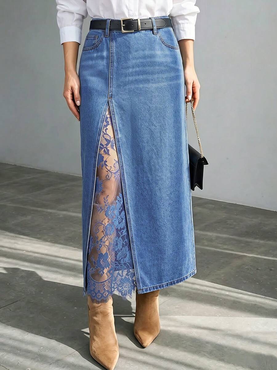 Balvessa Fashionable Commuter Lace Patchwork Denim Skirt - Blue - View 1