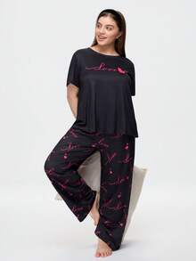 Bonmuse Cute Ins Contrast Color Valentine's Day Love Print Loose Comfortable Black Plus Size Pajama Set Curvy Pajama Sets Plus Size Sleepwear Set - Black - View 1