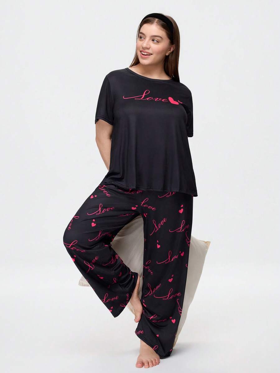 Bonmuse Cute Ins Contrast Color Valentine's Day Love Print Loose Comfortable Black Plus Size Pajama Set Curvy Pajama Sets Plus Size Sleepwear Set - Black - View 1