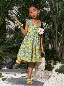 Tween Girl Vacation Casual Tropical Fruit Pattern Cute Square Neck Short Flutter Sleeve Full Skirt Back Cutout Bow Dress, Mommy And Me Matching Outfits - Multicolor - View 4