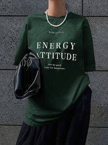 DAZY Slogan Graphic Drop Shoulder Tee Keep Smiling ENERGy ATTITUi See The Good Time For You Oversized T-Shirt - Dark Green - View 4