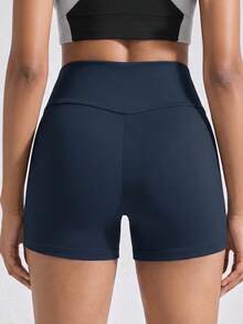 Teen Girls' Dark Blue. High-Waist Athletic Shorts, Made From High-Stretch Form-Fitting Fabric With A Sleek And Supportive Design, Perfect For Spring And Summer Activities Including Running, Gym Workouts, And Casual Sporty Wear - Navy Blue - View 2