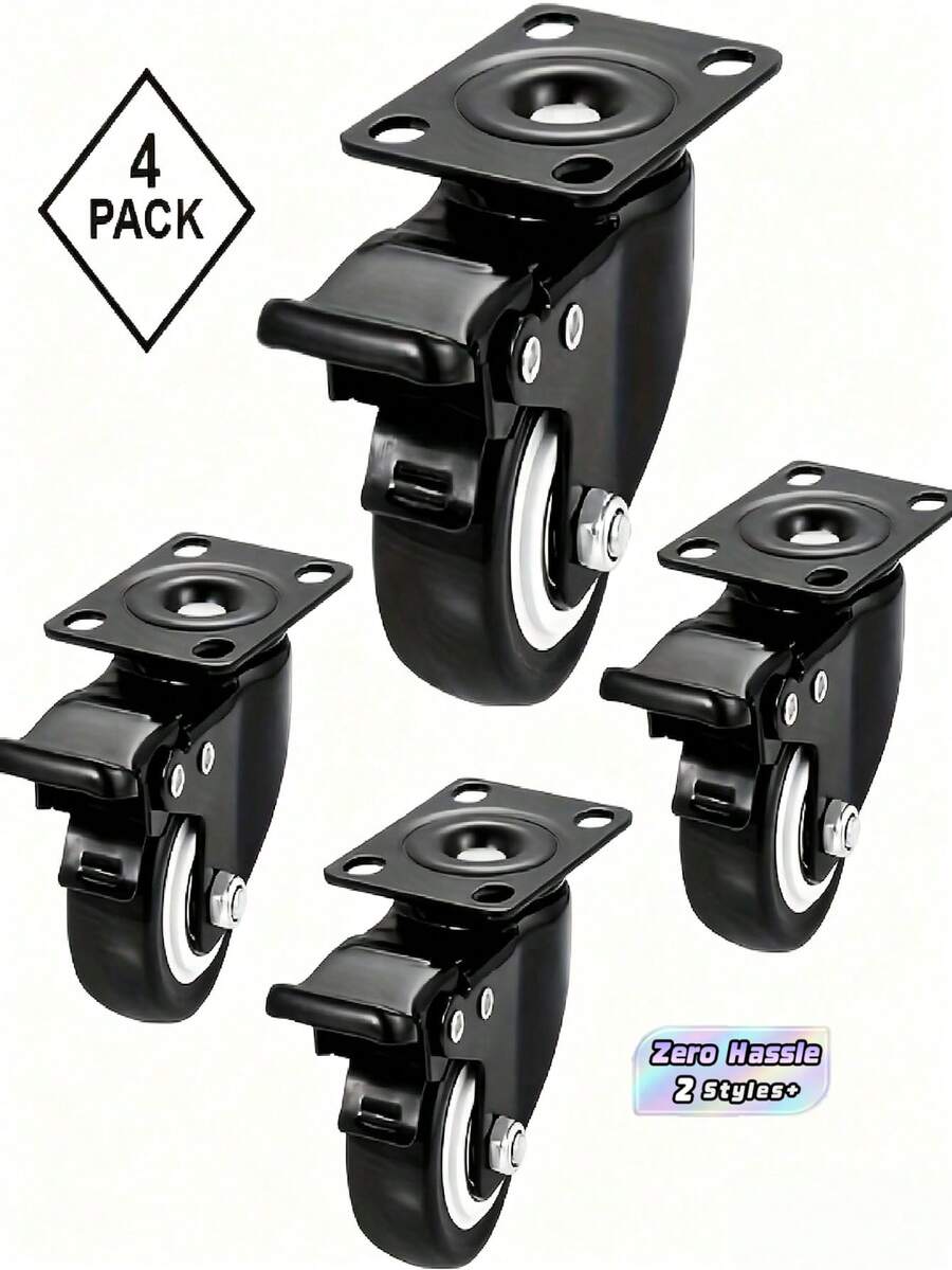4Pcs Heavy Duty Casters, Silent Swivel & Fixed Wheels With Axle And Brake, Replacement Rollers For Hand Trolleys And Small Trailers - Black - View 1