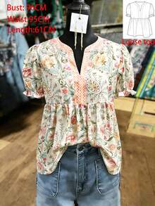 SHEIN Franclia 复古花卉装饰V领女士沙滩度假衬衫 波西米亚风衬衫 波西米亚风夏季上衣 波西米亚风女式衬衫 波西米亚风女装 - 彩色 - 查看 1