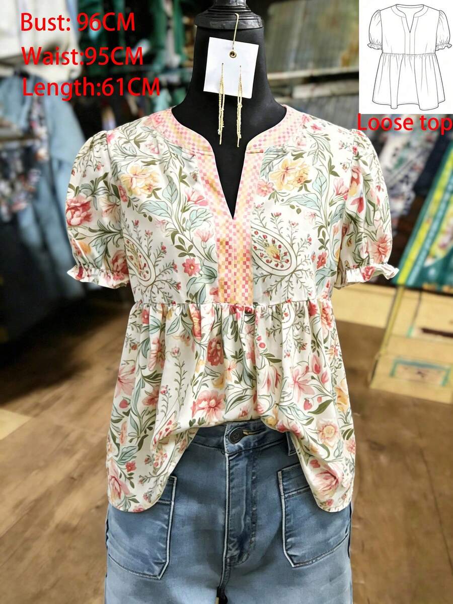 SHEIN Franclia 复古花卉装饰V领女士沙滩度假衬衫 波西米亚风衬衫 波西米亚风夏季上衣 波西米亚风女式衬衫 波西米亚风女装 - 彩色 - 查看 1