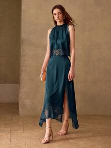 MOTF PREMIUM WOMEN'S 2 PIECES SET: LACE PATCHWORK TANK TOP & LACE PATCHWORK SKIRT - Teal Blue - View 5
