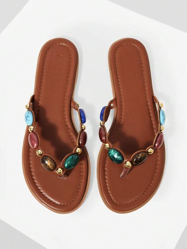 MOTF COLORED JEWEL BEADED FLIP-FLOPS, BROWN SUMMER BOHEMIAN FLAT SANDALS