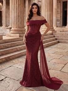 Coutiva Women's Off-Shoulder Fitted Extra Long Lace Mermaid Hem Evening Gown - Burgundy - View 6