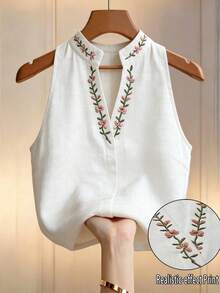 Flora Isola Flora Isola 女款花卉刺繡立領無袖上衣，刺繡上衣，女款夏季穿搭，優雅上衣，辦公通勤穿著 - 白色 - 查看 3