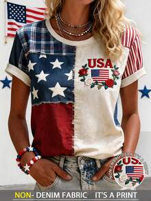 EMERY ROSE Women's Retro American Flag Print Patchwork T-Shirt - Multicolor - View 1