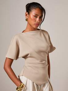 COSMINA Women's Elegant Ruched Round Neck T-Shirt, Suitable For All Seasons Neutral Tops - Khaki - View 4